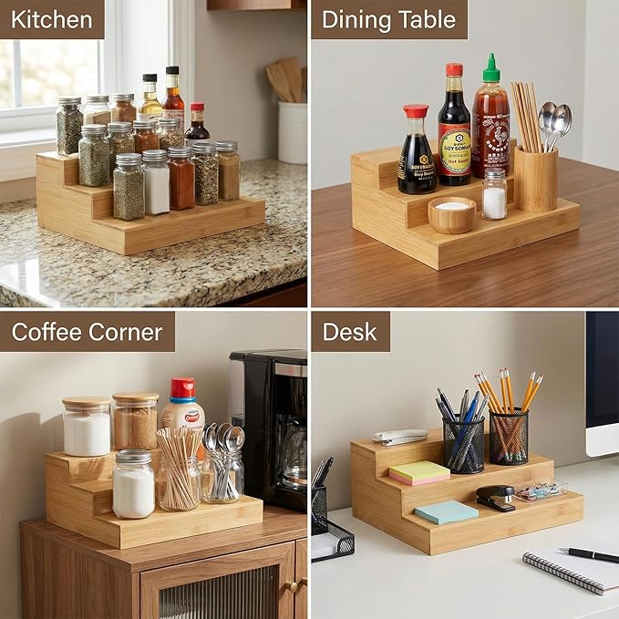 2 Pack Bamboo Spice Rack Organizer for Cabinet Wooden Spice Shelf for Kitchen Pantry Storage Organizer 3 Tier Countertop