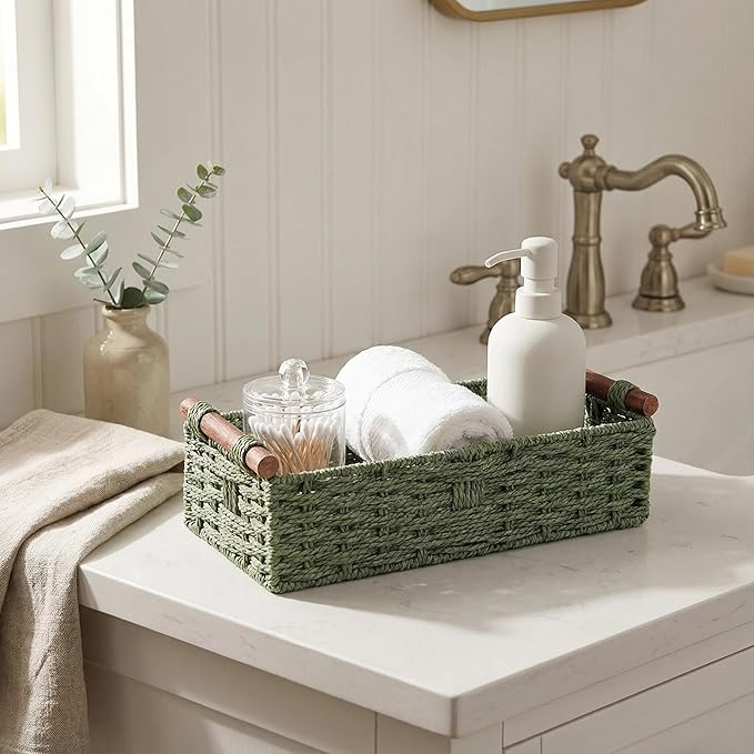 Sage Green Woven Bathroom Basket with Wood Handles — Toilet Paper Storage Organizer, Green Wicker Back of Toilet Basket, Boho Sage Green Bathroom Decor Tray for Tank Top or Shelf