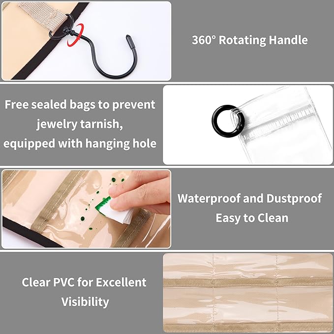 Hanging Jewelry Organizer for Closet, Double-Sided Jewelry Storage for Earrings, Necklaces, Rings on Wall/Door, Earring Holder Organizer Wall with Hooks, Includes 10 Sealed Bags, Water- & Dustproof