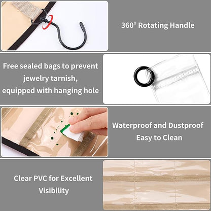 Hanging Jewelry Organizer for Closet, Double-Sided Jewelry Storage for Earrings, Necklaces, Rings on Wall/Door, Earring Holder Organizer Wall with Hooks, Includes 10 Sealed Bags, Water- & Dustproof