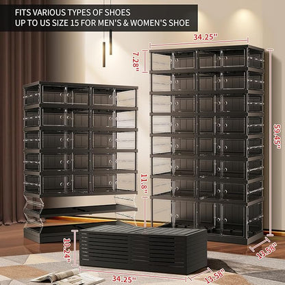EHAMILY 8 Tiers 16-32 Pairs Foldable Shoe Boxes Large Plastic Shoe Storage Rack Collapsible Shoe Organizer for Closet Clear Stackable Shoes Shelf Storage Cabinet with Doors Quick Assembly Black