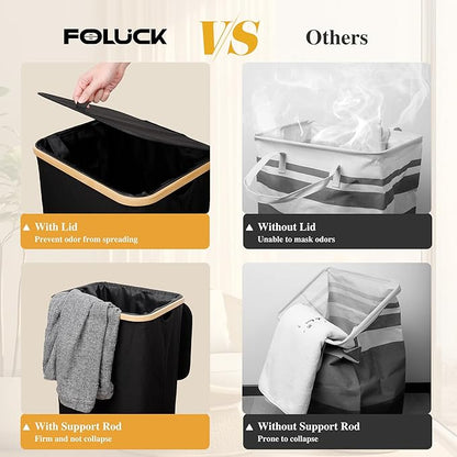 Foluck Large Laundry Hamper, 100L Waterproof Laundry Basket with Lid and Removable Bag, Collapsible Tall Clothes Hamper with Bamboo Handles for Clothes Toys in Dorm Bedroom Bathroom, Black