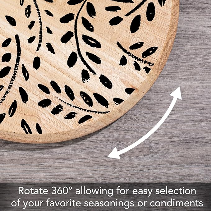 CounterArt Black Leaves Decorative Round Natural Wood Lazy Susan Turntable 14" Diameter Condiment Caddy, Cheese Server, Cake Plate, Spice Organization