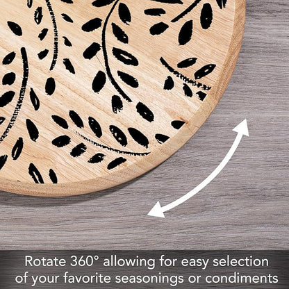 CounterArt Black Leaves Decorative Round Natural Wood Lazy Susan Turntable 14" Diameter Condiment Caddy, Cheese Server, Cake Plate, Spice Organization
