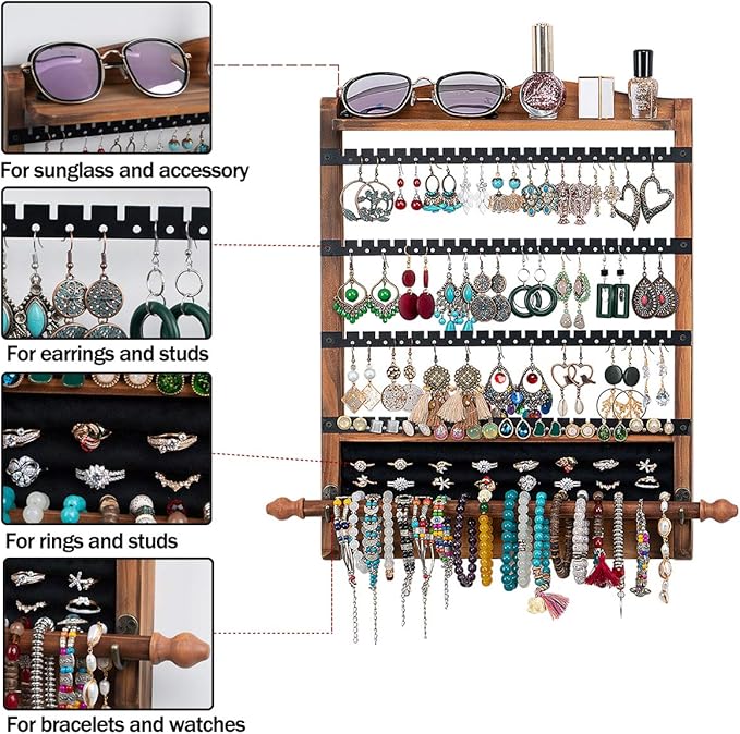 3Pcs Jewelry Organizers and Storage,Wood Earring Organizer,Hanging Jewelry Organizer,Rustic Wall Jewellery Organizer,Wall Mounted Earring Holder for Storage Display Gift (Brown+Black)