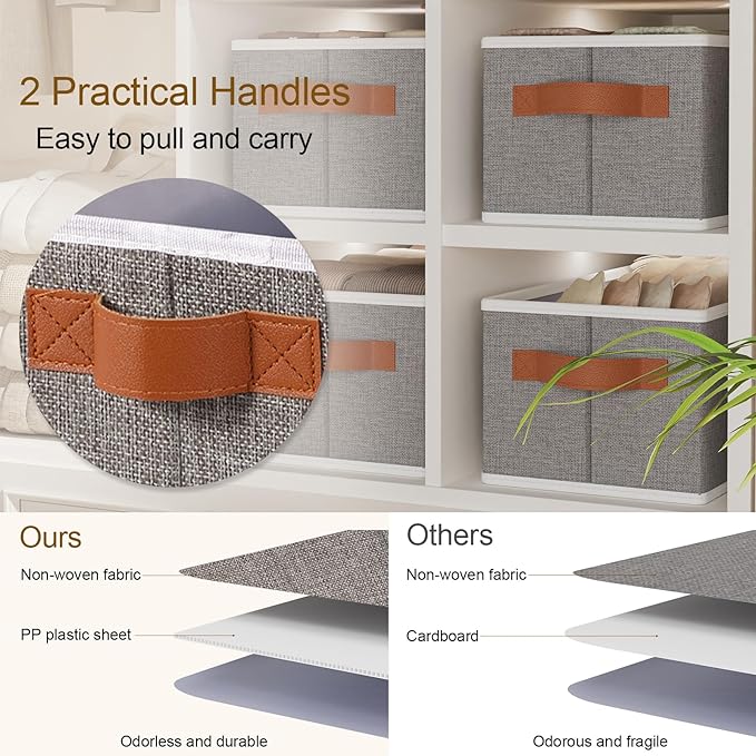 Foldable Storage Baskets, Fabric Clothes Organizer Boxes, 15 x 6 x 5 Collapsible Clothes Organizer Boxes with Handles, Gray, 5-Pack