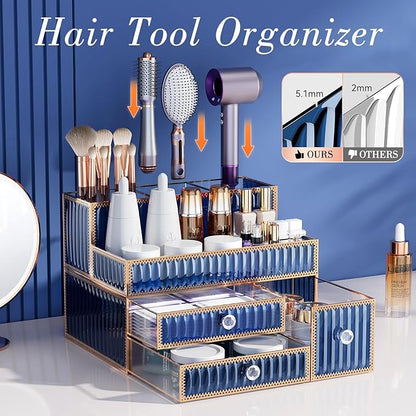 Youdepot Makeup Organizer Blue - Tempered Glass Vanity Organizer for Cosmetics, Skincare, Hair Tools, Brushes, Perfume - Multipurpose Bathroom Counter Skincare Organizer
