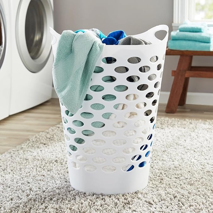 White Round Plastic Laundry Hamper with Handles - 2.2 Bushel Capacity, Lightweight & Space-Saving - Easy-Carry Laundry Basket for Home, Dorm, or Apartment