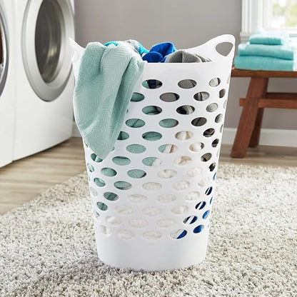 White Round Plastic Laundry Hamper with Handles - 2.2 Bushel Capacity, Lightweight & Space-Saving - Easy-Carry Laundry Basket for Home, Dorm, or Apartment