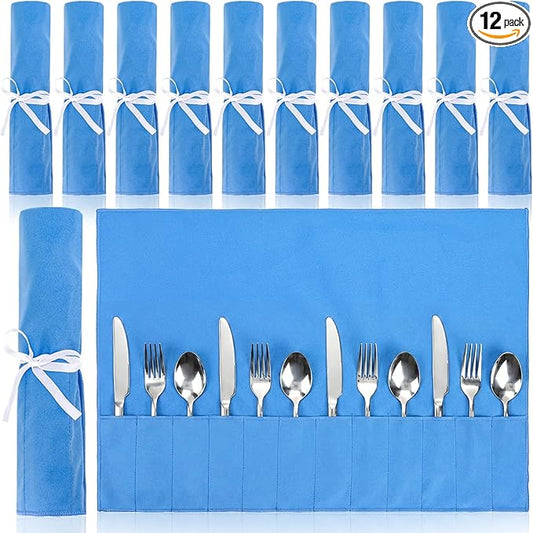 Tebery 12 Pcs Anti Tarnish Silver Storage Bags, 12 Slot Silverware Protector Cloth Roll with White Ribbon, Cutlery Flatware Place Setting Roll Organizer for Kitchen Utensil Teaspoon
