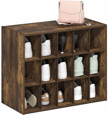 Furinno FANO Shoe Rack, 15-Cube Shoe Organizer, Stackable Shoe Storage, 11.4 x 24.2 x 19.3, for Closet Entryway, Office, Garage, Amber Pine