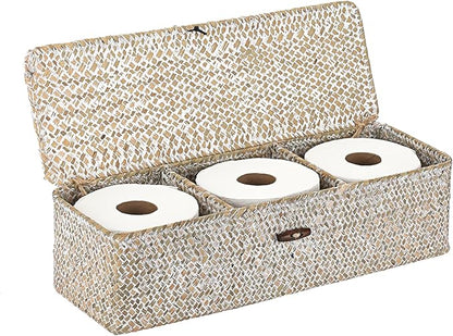 Hipiwe Storage Basket with Lid 3 Sections Handwoven Seagrass Basket Rectangular Closet Organizer Bin Multipurpose Storage Box for Bathroom Shelf Kitchen, Whitewash