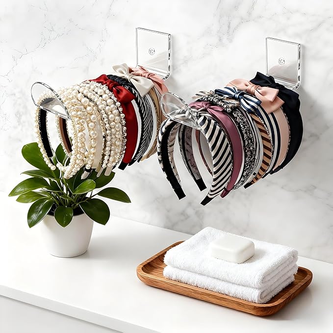 Headband Holder Wall Mount, 3-Pack Clear Acrylic Headband Organizer and Hair Tie Storage Rack, Wall-Mounted Display for Hair Accessories, Jewelry, Scarves for Women Girls