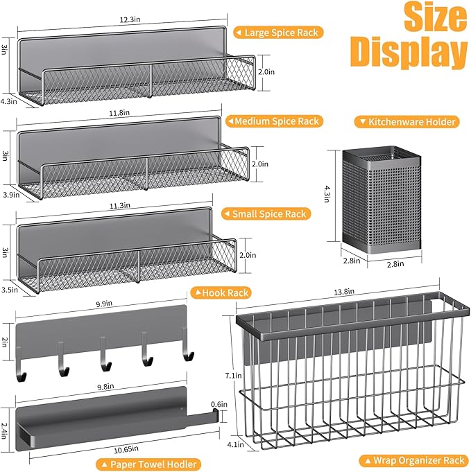 DTUQYX Magnetic Spice Rack for Refrigerator, 7 Pack Metal Magnetic Shelf, Moveable Magnetic Storage Fridge Organizer Grey, Spice Organizer, Hook Rack, Paper Towel Holder, Cutting Board Holder, HM5471