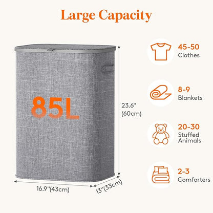 Lifewit 85L Large Laundry Basket with Lid, Laundry Hamper with Plastic Handles and Removable Bag, Foldable Tall Dirty Clothes Hampers for Laundry for Laundry Room, Bedroom, Bathroom, Dorm, Light Gray