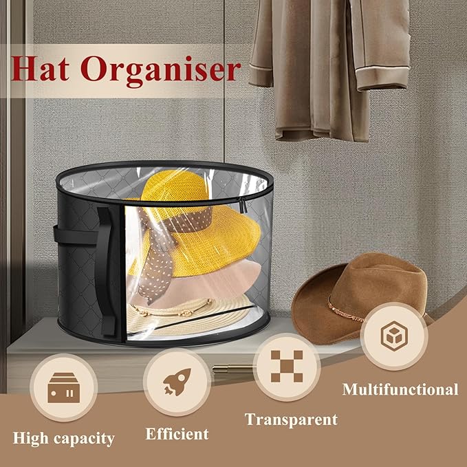 Oversized Clear Hat Storage Bag for Women, Closet Hat Boxes Organizer Bag with Dustproof Lids, Holds up to 7 Caps Cowboy Hat Organizer for Closet, Hat Carrier Case for Travel (Black)