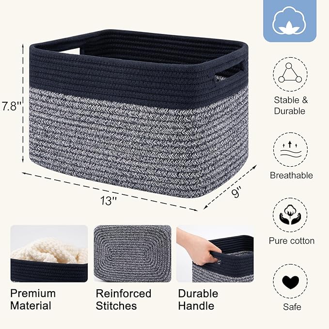 4 Pack Storage Baskets for Organizing, Woven Baskets for Shelves - Perfect for Toys, Books, Towels, and Clothes, Durable Gift Basket Bins Toy Storage, 12.7''L x9''W x7.8''H, Blue and Grey
