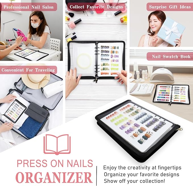 KEIFIN Press On Nail Storage Organizer Binder with 8 Insert Pages - A5 Size Reusable Fake Nail Swatch Collecting Book Polish Color Display Holder Container with Tape and Zipper Pocket (BLACK)