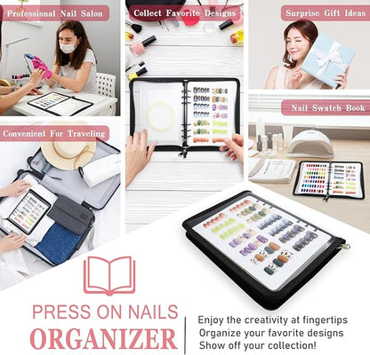 KEIFIN Press On Nail Storage Organizer Binder with 8 Insert Pages - A5 Size Reusable Fake Nail Swatch Collecting Book Polish Color Display Holder Container with Tape and Zipper Pocket (BLACK)