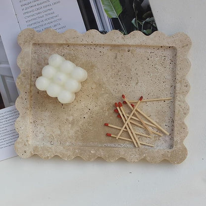 Natural Luxury Scalloped Marble Tray 10.8"x8", Rectangle Vanity Tray for Bathroom Kitchen Counter, Decorative Tray for Dresser Home Decor - Beige Travertine