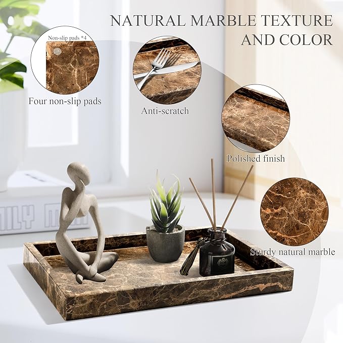 YMXYJM Real Natural Marble Tray for Bathroom, Genuine Marble Stone Vanity Tray, Luxury Storage Trays for Kitchen, Vanity, Home Decor, Dresser, Non-Resin/Non-Ceramic, 12"x 8"x 1.2", Dark Brown