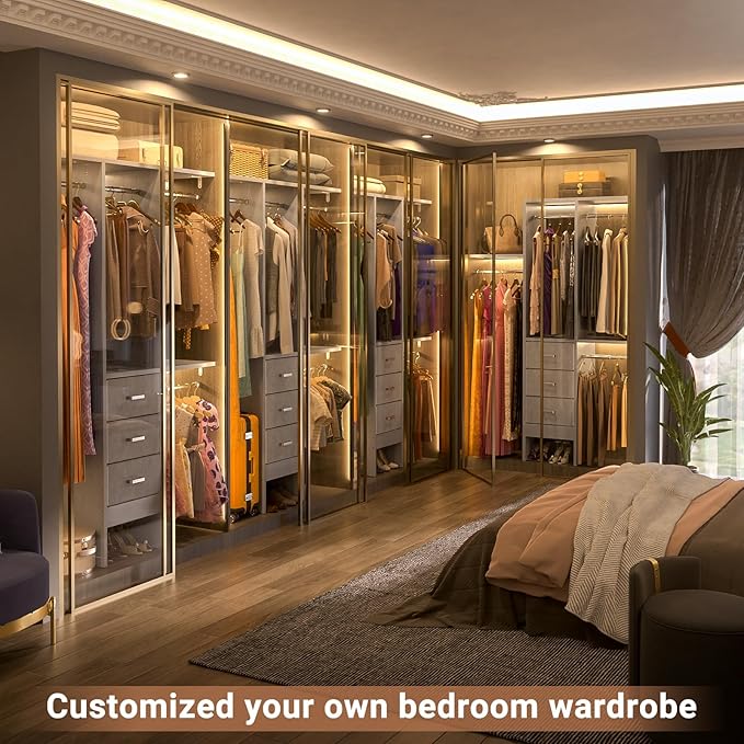 Besiost 4FT Small Closet System with 3 Fabric Drawers, 48'' Closet Organizer System With 3 Adjustable Shelves, Flexible Built-In Clothes Garment Rack for Small Space, 48" L x 13" W x 71" H, Grey