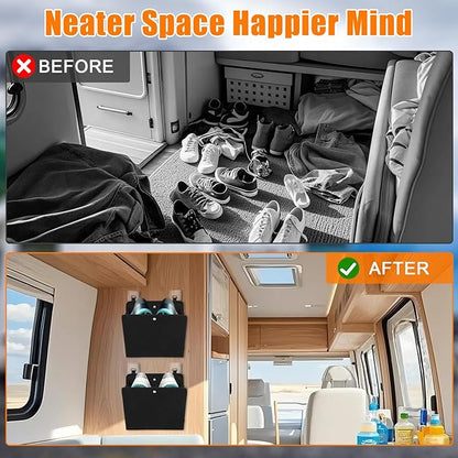 Wall Mounted Shoe Rack for RV Door, 2/4 Pack Hanging Organizer for Shoe Storage, Foldable Rack with Hooks, Wall Organizer for RV Storage and Organization (Black 2Pack)