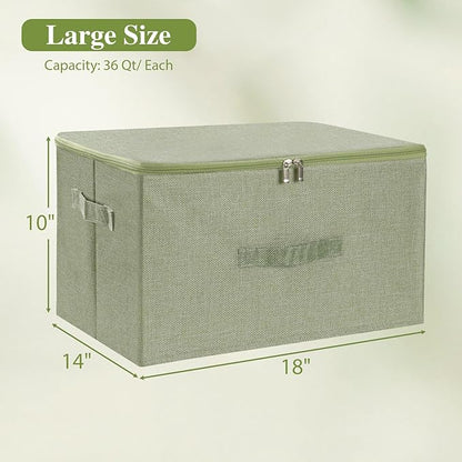 ANMINY Storage Bins with Zipper Lids 36 Qt Lidded Fabric Storage Boxes Baskets Cubes with Handles Collapsible Washable Cotton Linen Closet Shelf Clothes Organizer Containers - Green, Large