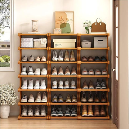 Vertical Shoe Rack 7 Tier, Bamboo Narrow Shoe Rack for Small Spaces, Freestanding Shoe Storage Organizer for Entryway Closet, Space Saving Skinny Shoe Shelf