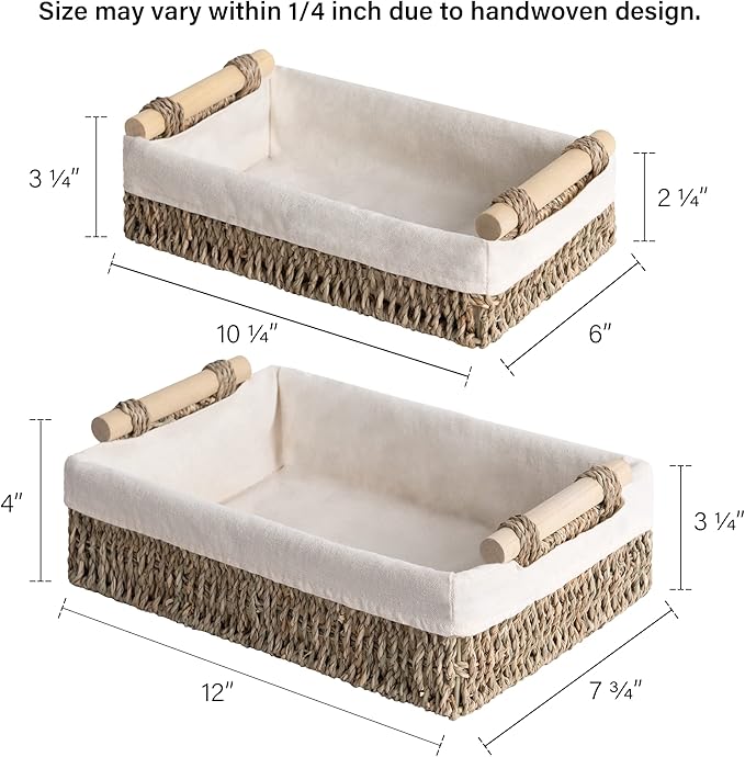 StorageWorks Small Seagrass Baskets for Organizing, Wicker Basket for Organizer, Storage Baskets with Wooden Handles and Natural Fiber Liner, Set of 2