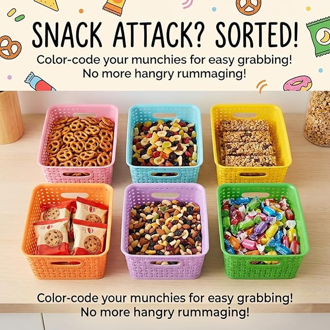 6-Pack Colorful Small Plastic Storage Weave Baskets, Versatile Shelf Organizer Woven Baskets for Classrooms, Children's Rooms & Pantries, 10x7.5x4 inch