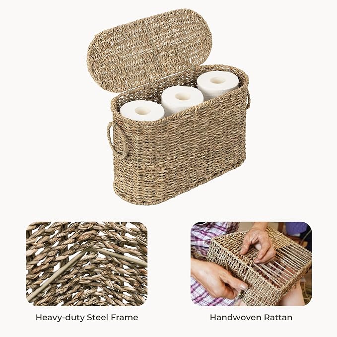 StorageWorks Toilet Paper Storage with Lid, Toilet Paper Storage Holder for 6 Regular Rolls, Wicker Basket for Bathroom, Natural Seagrass