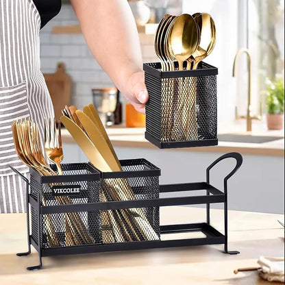 Kitchen Utensil Holder, Silverware Organizer Holder, Compact Metal Organizer for Flatware, Spoons, Forks, and Knives - 3 Separate Compartments Perfect for Kitchen Countertop- Black