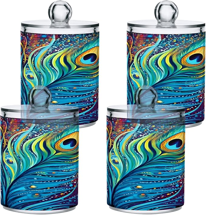 2 Pack Qtip Holder Dispenser for Cotton Ball Peacock Feathers Rainbow Feathers Blue Swab Round Pads Clear Plastic Acrylic Jar Set Bathroom Canister