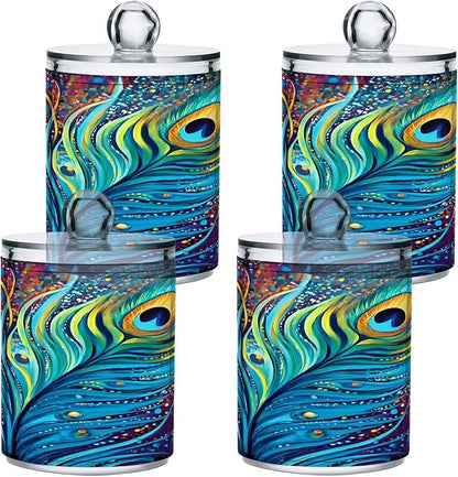 2 Pack Qtip Holder Dispenser for Cotton Ball Peacock Feathers Rainbow Feathers Blue Swab Round Pads Clear Plastic Acrylic Jar Set Bathroom Canister