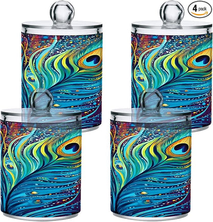 4 Pack Qtip Holder Dispenser Peacock Feathers Rainbow Feathers Blue Cotton Ball Swab Round Pads Floss Clear Bathroom Storage Containers Plastic Apothecary Jars with Lids