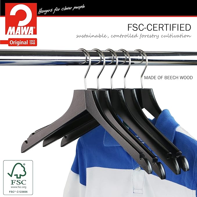 MAWA by Reston Lloyd, European Wooden Hanger, Beech Wood Straight Hanger with Shoulder Notches, Rotating Chrome Hook, Black Finish, for Shirts, Blazers, Dress Clothes Hanger, Set of 5 (26115)