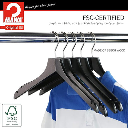 MAWA by Reston Lloyd, European Wooden Hanger, Beech Wood Straight Hanger with Shoulder Notches, Rotating Chrome Hook, Black Finish, for Shirts, Blazers, Dress Clothes Hanger, Set of 5 (26115)