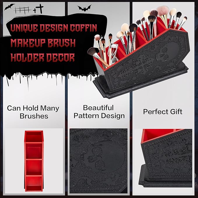 Gothic Coffin Decor Makeup Brush Holder,Spooky Witchy Gifts for Women,Skull Cosmetic Display Cases,Goth Decor Pen Holder, Vanity, Desk, Office Organizer for Mothers Day Bedroom Bathroom (Red)