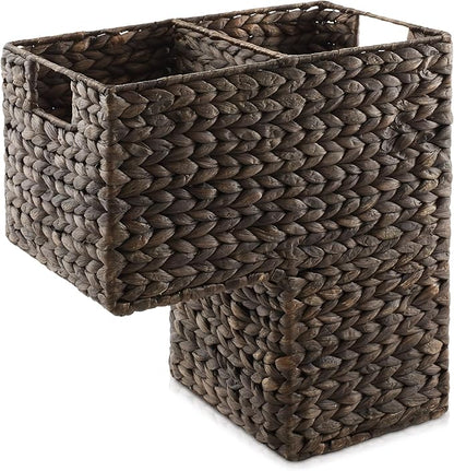Casafield Stair Step Basket with Handles, Espresso Dark Brown - Woven Water Hyacinth Staircase Basket Storage Bin Organizer