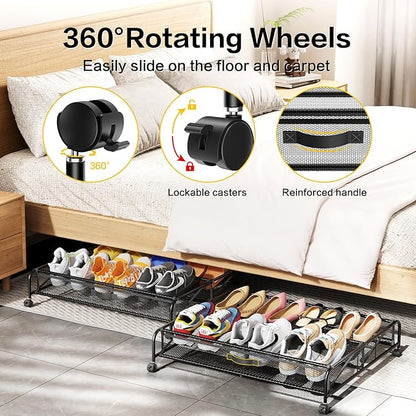 Under Bed Shoe Storage Organizer, 2 Pack Under Bed Storage Containers with Wheels for Under Bed Shoe Organizer Drawer Space Saving for bedroom