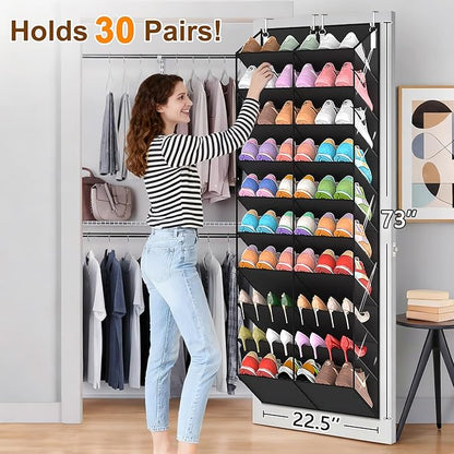 UVIAHOMI 20-30 Pairs Over the Door Shoe Organizer, Clear Pockets Hanging Shoe Storage for Closet, 10-Tier Door Shoes Rack, Handing Shoes Holder Fit All the Family's Sneakers, Boots, Heels, Black
