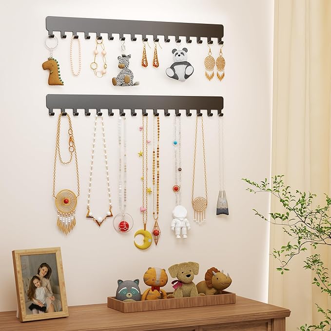 Bussdis Necklace Holder - Extended Hanging Jewelry Organizer, Self-Adhesive, Wall Mount, 2 Pack, Black