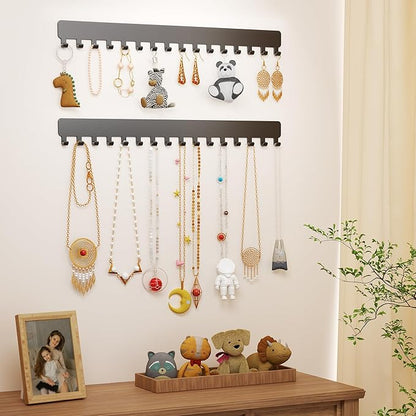 Bussdis Necklace Holder - Extended Hanging Jewelry Organizer, Self-Adhesive, Wall Mount, 2 Pack, Black