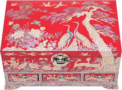 February Mountain Lockable Korean Mother-of-Pearl Jewelry Box - Najeon Chilgi Lacquerware with Crane and Floral Design, Vibrant Red Finish, Handmade