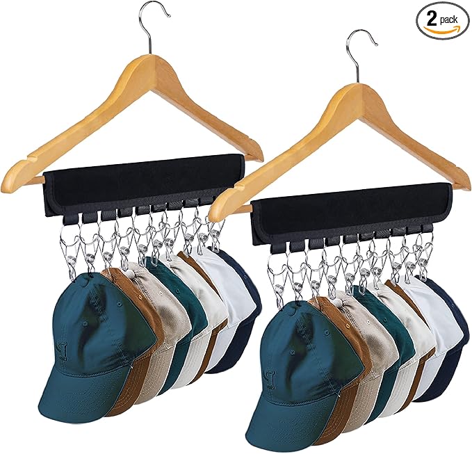 Hat Rack for Baseball Caps Hat Organizer Holder for Hanger & Room Closet Display, 2Pack 10 Hat Storage Clips for Hang Ball Caps Beanie, for Men Gift, Not Including Hangers & Hats (2PC Black)