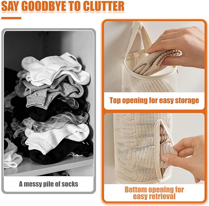 Hanging Sock Organizer, 3 Pack Mesh Storage Bags with Top & Bottom Access, Holds 7-10 Pairs, Closet Organizer for Underwear, Scarves, & Small Items