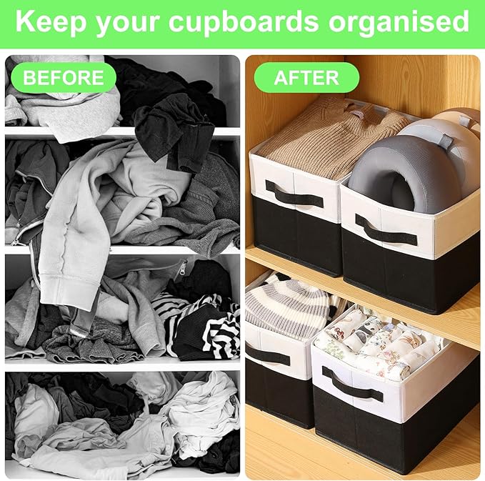 Large Shelf Storage Bins [4 Pack],Decorative Collapsible Storage Basket,Fabric Closet Organizer and Home Storage Cubes with Handles for Organizing Books, Clothes, Toys, Nursery（Black）