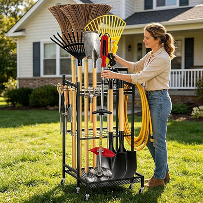 Garden Tool Organizer Rack with Wheels Up to 30-35 Tools, Heavy-Duty Steel Yard Tool Organizer for Garage Storage with 11 Hooks, Broom Holder & Garden Tool Rack for Shed, Patio, Lawn, Outdoor, Black