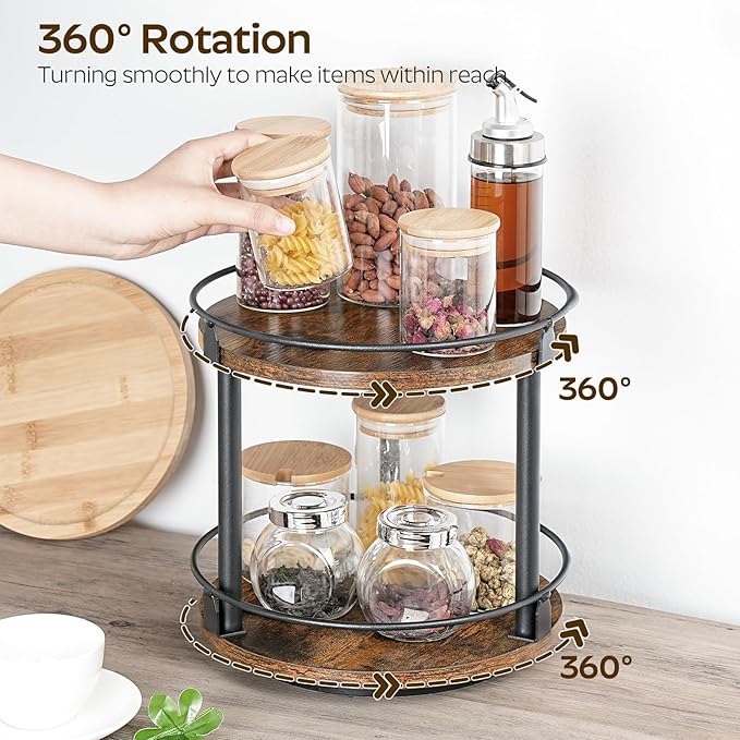 YATINEY Spice Rack, Set of 2 Lazy Susan Organizer, 2-Tier Turntable Organizer, Rotating Spice Rack Organizer For Cabinet, Compact and Versatile, for Kitchen Countertop, Rustic Brown SR22L2BR